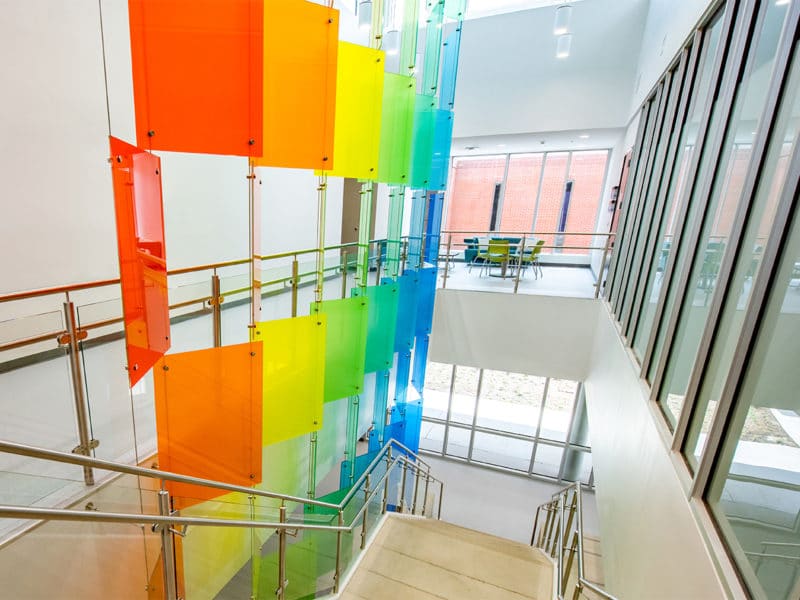 LIT stairwell with suspended art glass