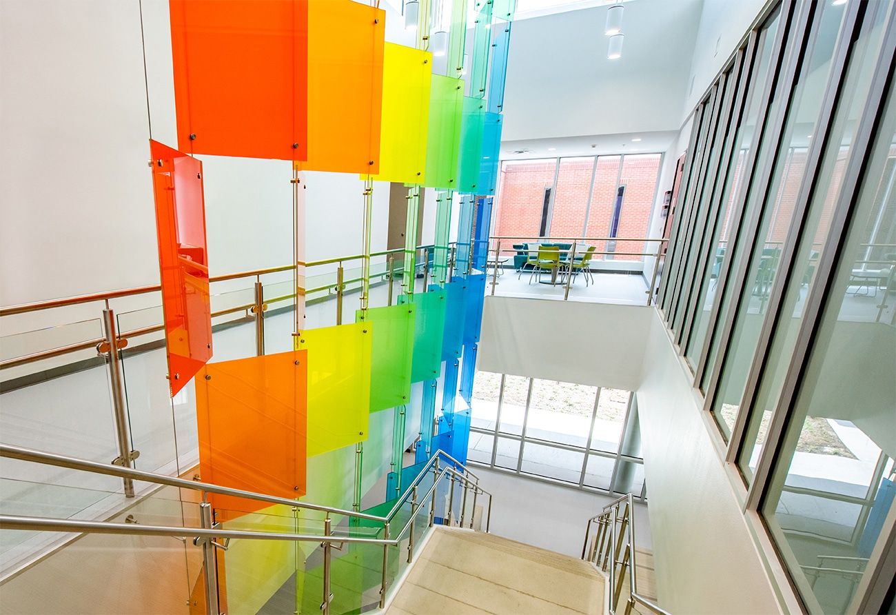 LIT stairwell with suspended art glass